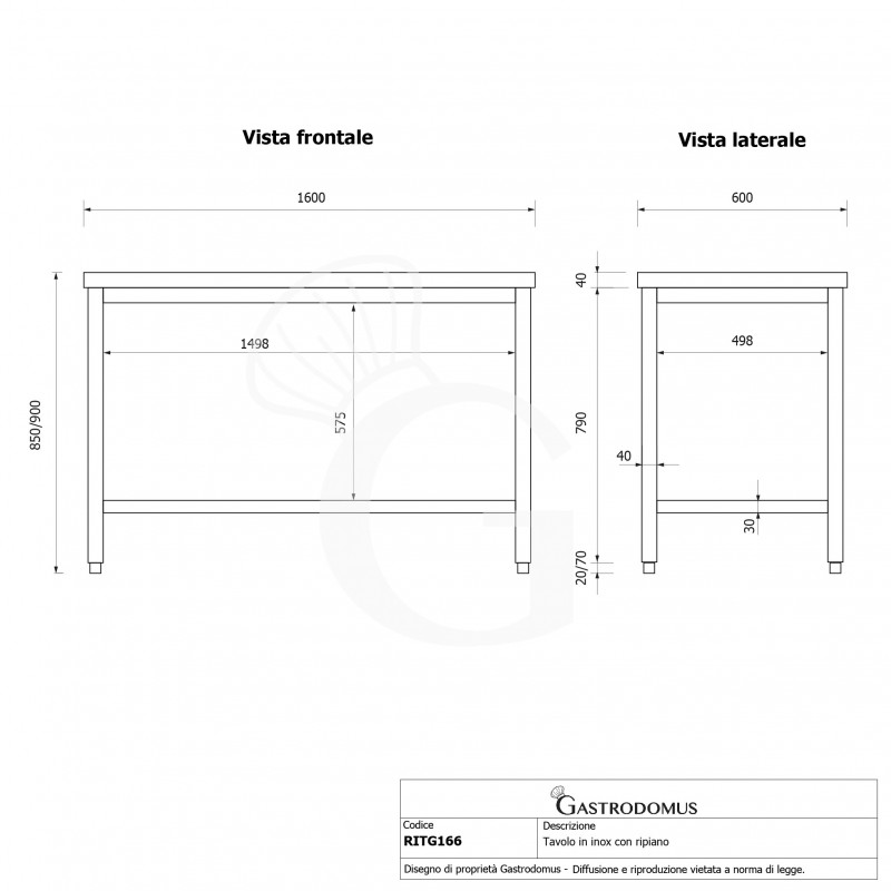 Tavolo inox 1 ripiano L 1600 mm x P 600 mm x H 850 mm