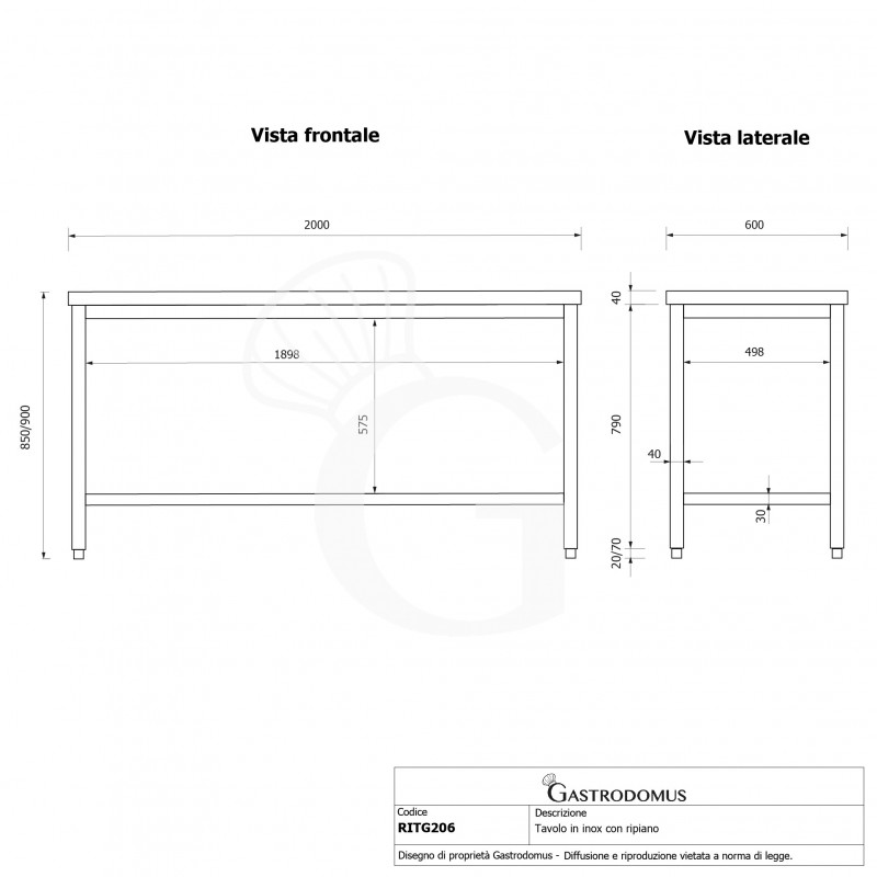 Tavolo inox 1 ripiano L 2000 mm x P 600 mm x H 850 mm