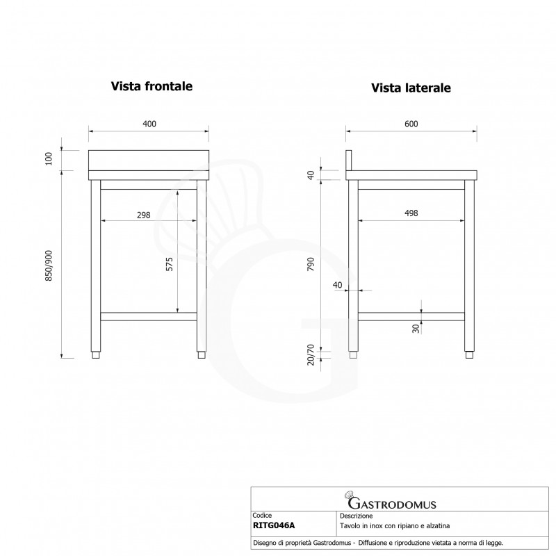 Tavolo inox 1 ripiano alzatina L 400 mm x P 600 mm x H 950 mm