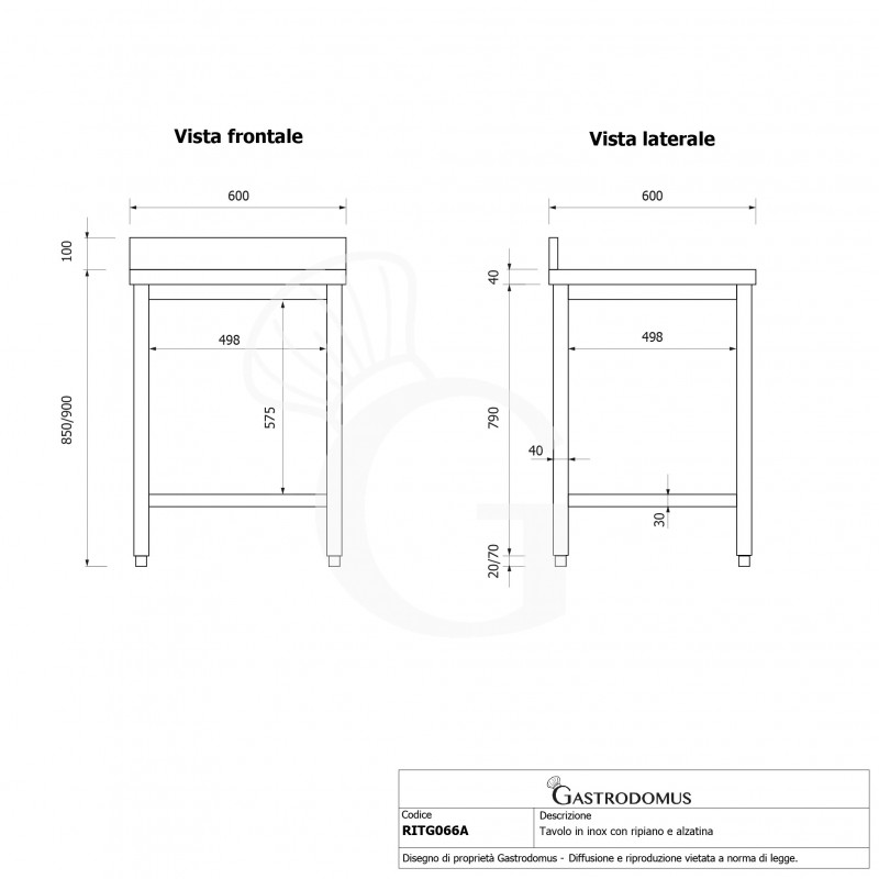 Tavolo inox 1 ripiano alzatina L 600 mm x P 600 mm x H 950 mm
