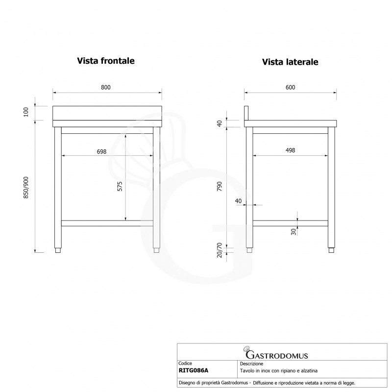 Tavolo inox 1 ripiano alzatina L 800 mm x P 600 mm x H 950 mm