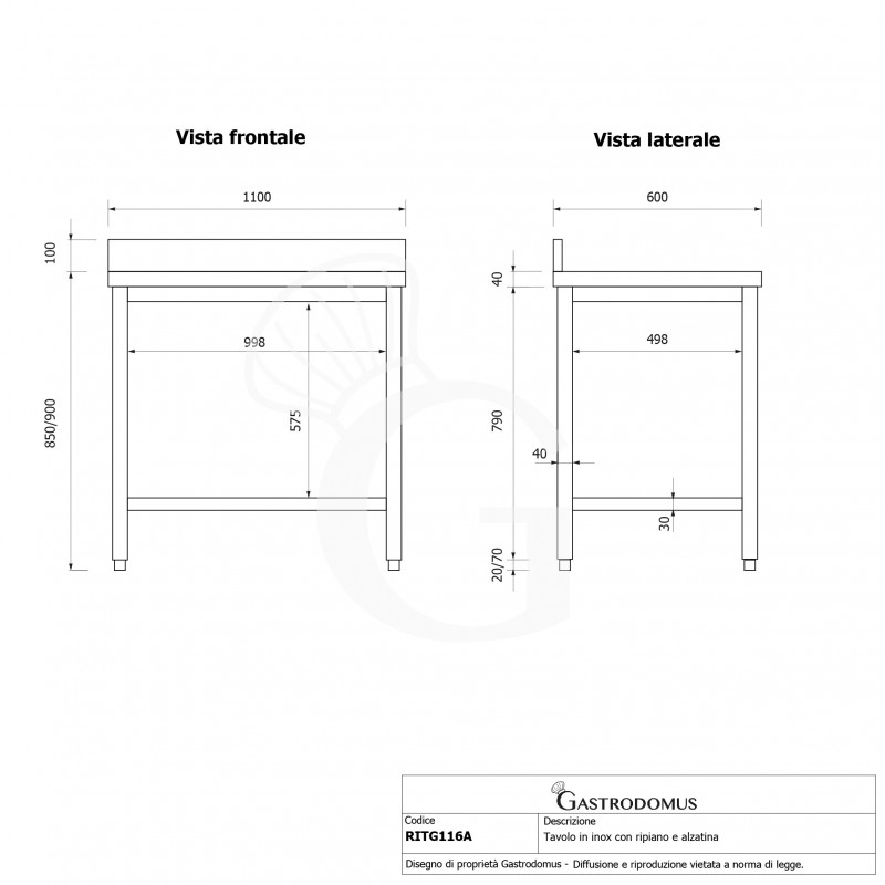 Tavolo inox 1 ripiano alzatina L 1100 mm x P 600 mm x H 950 mm