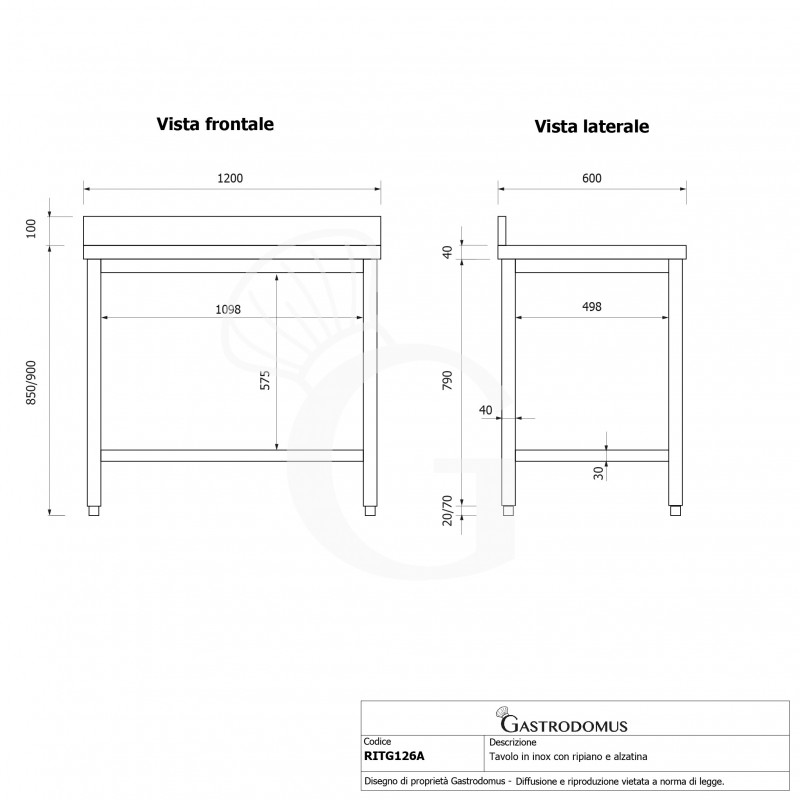 Tavolo inox 1 ripiano alzatina L 1200 mm x P 600 mm x H 950 mm