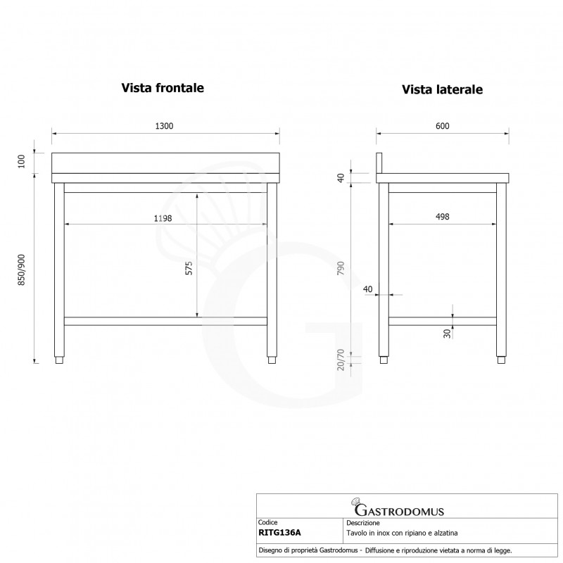 Tavolo inox 1 ripiano alzatina L 1300 mm x P 600 mm x H 950 mm