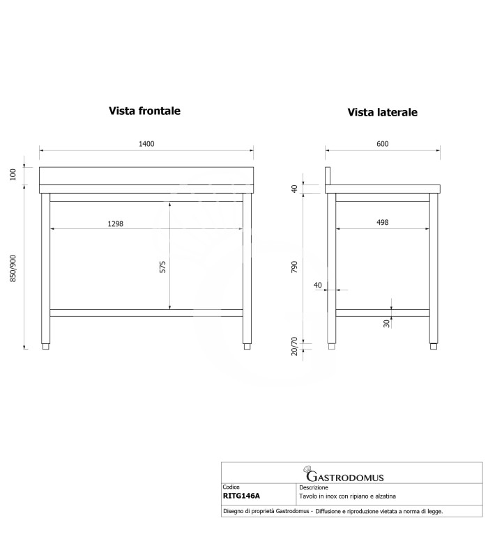 Tavolo inox 1 ripiano alzatina L 1400 mm x P 600 mm x H 950 mm
