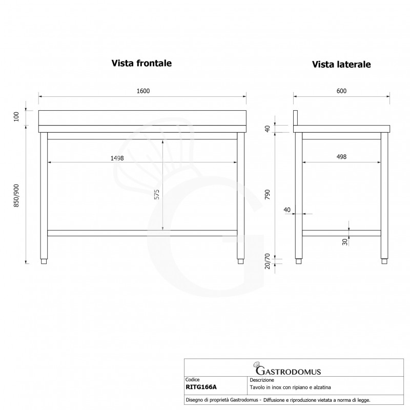 Tavolo inox 1 ripiano alzatina L 1600 mm x P 600 mm x H 950 mm
