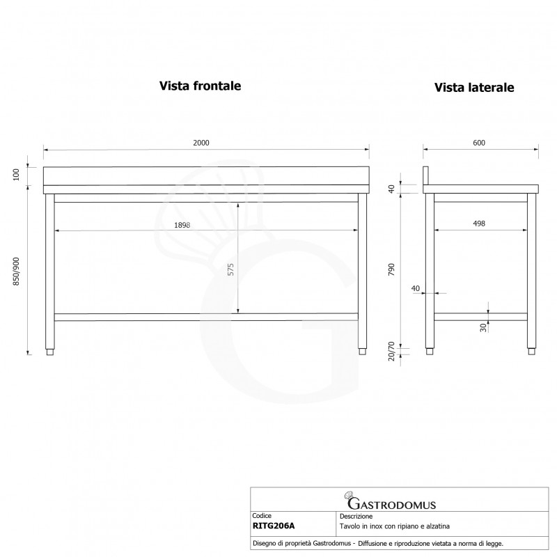Tavolo inox 1 ripiano alzatina L 2000 mm x P 600 mm x H 950 mm