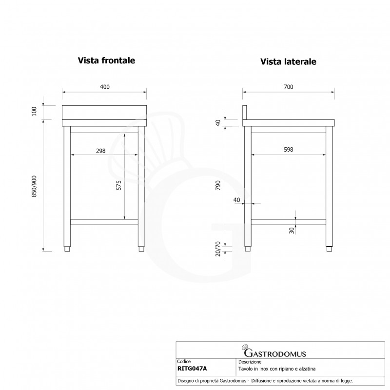 Tavolo inox 1 ripiano alzatina L 400 mm x P 700 mm x H 950 mm