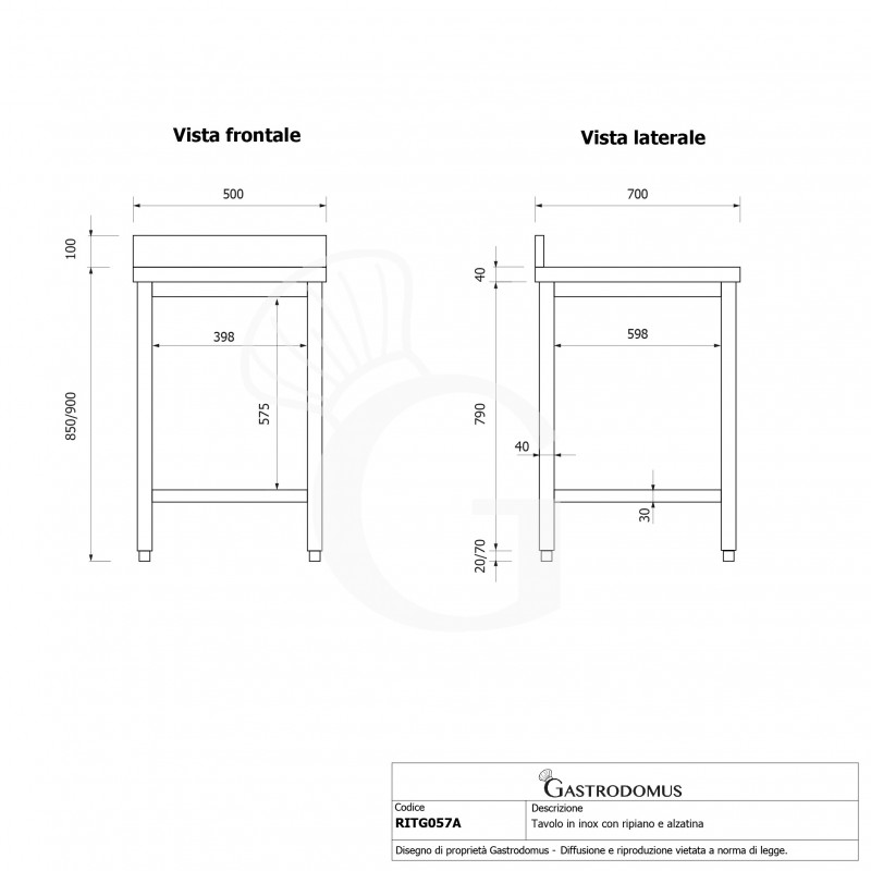 Tavolo inox 1 ripiano alzatina L 500 mm x P 700 mm x H 950 mm