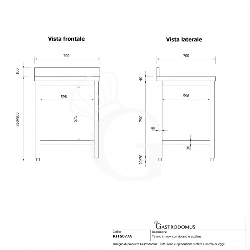 Tavolo inox 1 ripiano alzatina L 700 mm x P 700 mm x H 950 mm