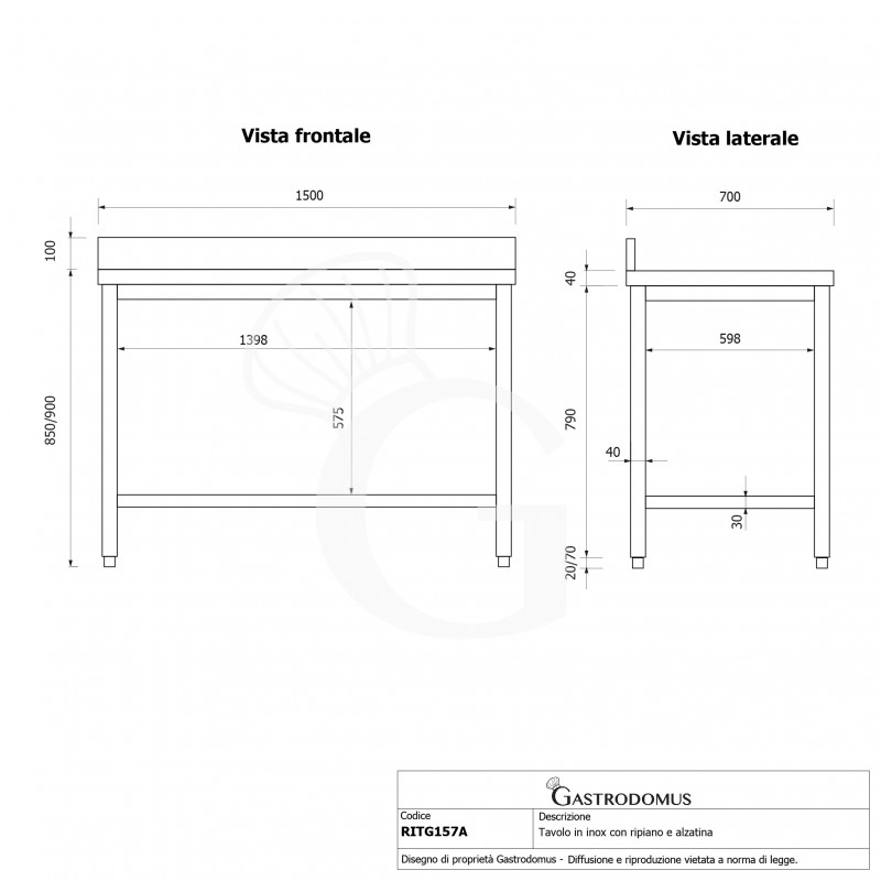 Tavolo inox 1 ripiano alzatina L 1500 mm x P 700 mm x H 950 mm