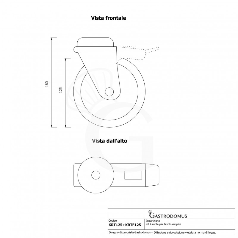 Kit 4 ruote per tavoli semplici, di cui 2 con freno - diametro 125 mm
