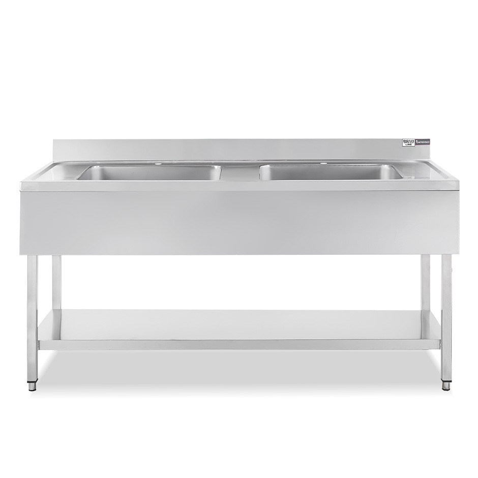 Lavello semplice con alzatina, 1 ripiano, 2 vasche L1800xP600xH965 mm - con 2 fori rubinetto Ø 32 mm