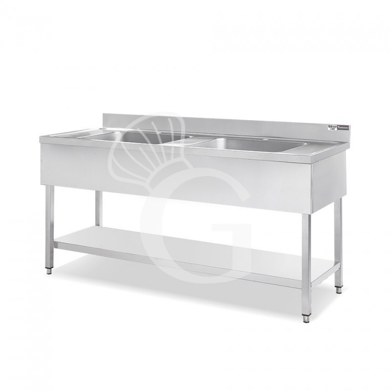 Lavello semplice con alzatina, 1 ripiano, 2 vasche L1800xP600xH965 mm - con 2 fori rubinetto Ø 32 mm