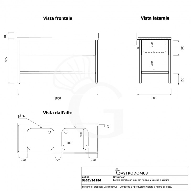Lavello semplice con alzatina, 1 ripiano, 2 vasche L1800xP600xH965 mm - con 2 fori rubinetto Ø 32 mm