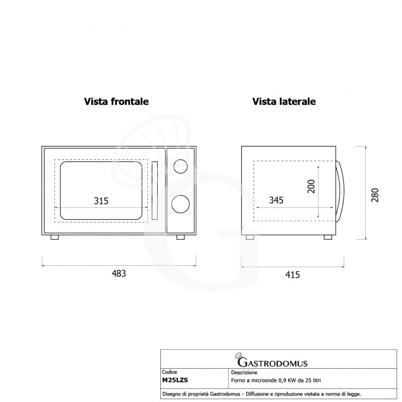Forno a microonde con comandi meccanici e piatto girevole diam. 270 mm, capacità 25 LT, 0,9 KW