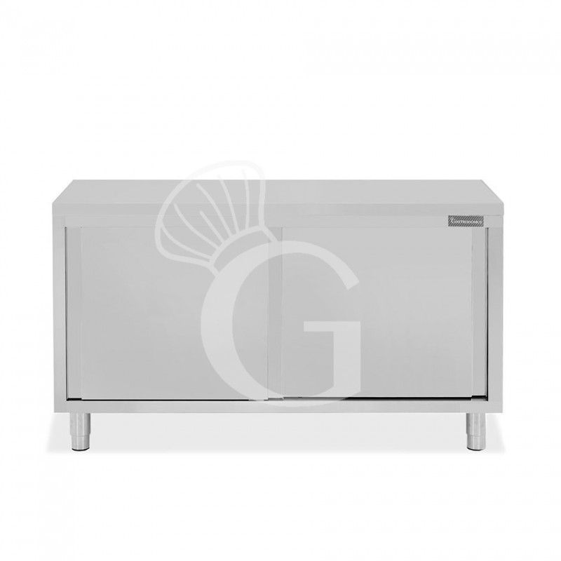 Tavolo armadiato in acciaio inox con 2 porte scorrevoli, L 1600 mm x P 600 mm x H 850 mm