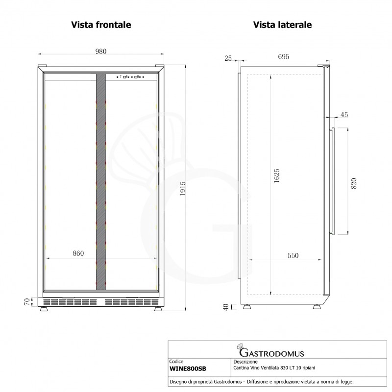 Cantina Vino Ventilata 830 LT 10 ripiani 210 bottiglie +5°C/+22°C