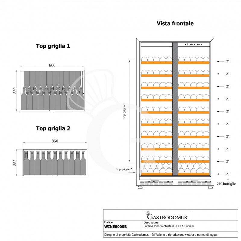 Cantina Vino Ventilata 830 LT 10 ripiani 210 bottiglie +5°C/+22°C