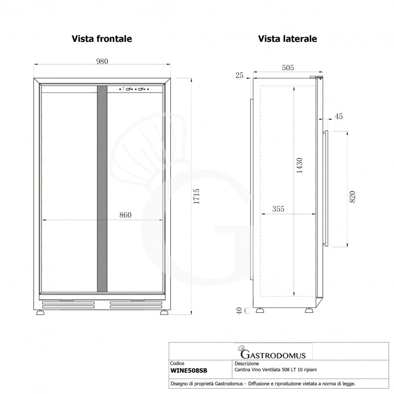 Cantina Vino Ventilata 508 LT 10 ripiani 96 bottiglie +5°C/+22°C