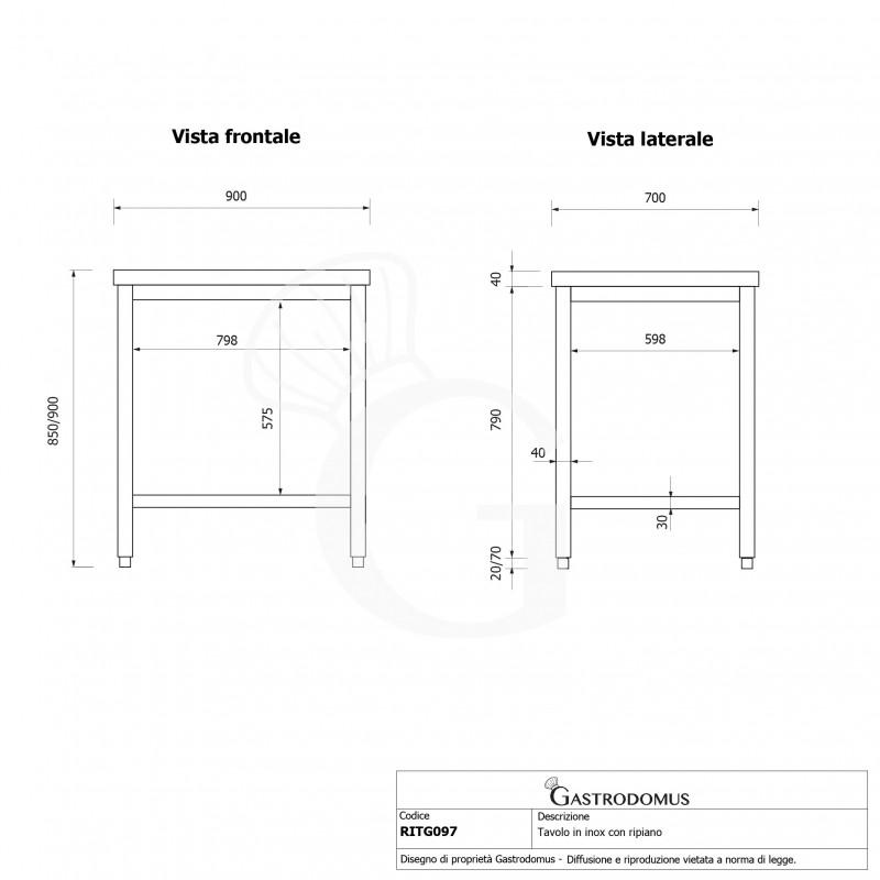 Tavolo inox 1 ripiano L 900 mm x P 700 mm x H 850 mm