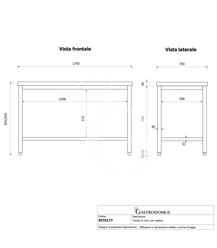 Tavolo inox 1 ripiano L 1700 mm x P 700 mm x H 850 mm