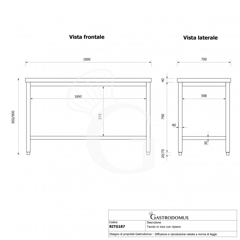 Tavolo inox 1 ripiano L 1800 mm x P 700 mm x H 850 mm