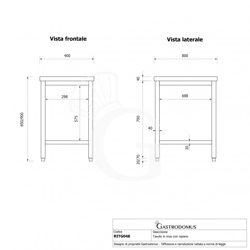 Tavolo inox 1 ripiano L 400 mm x P 800 mm x H 850 mm