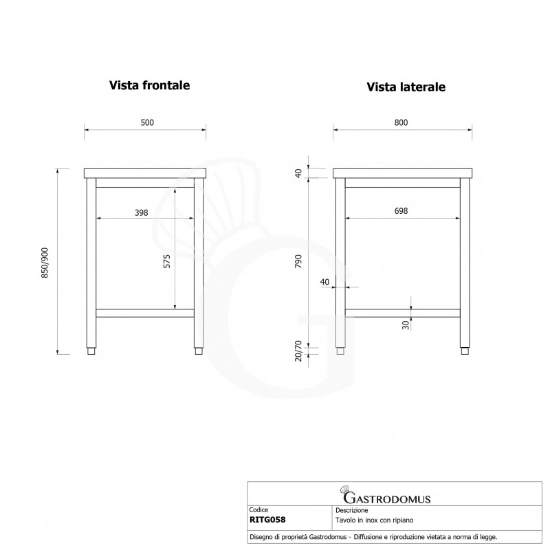 Tavolo inox 1 ripiano L 500 mm x P 800 mm x H 850 mm