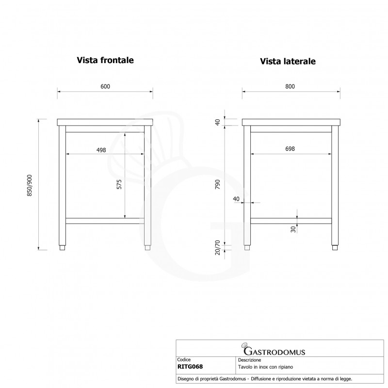 Tavolo inox 1 ripiano L 600 mm x P 800 mm x H 850 mm