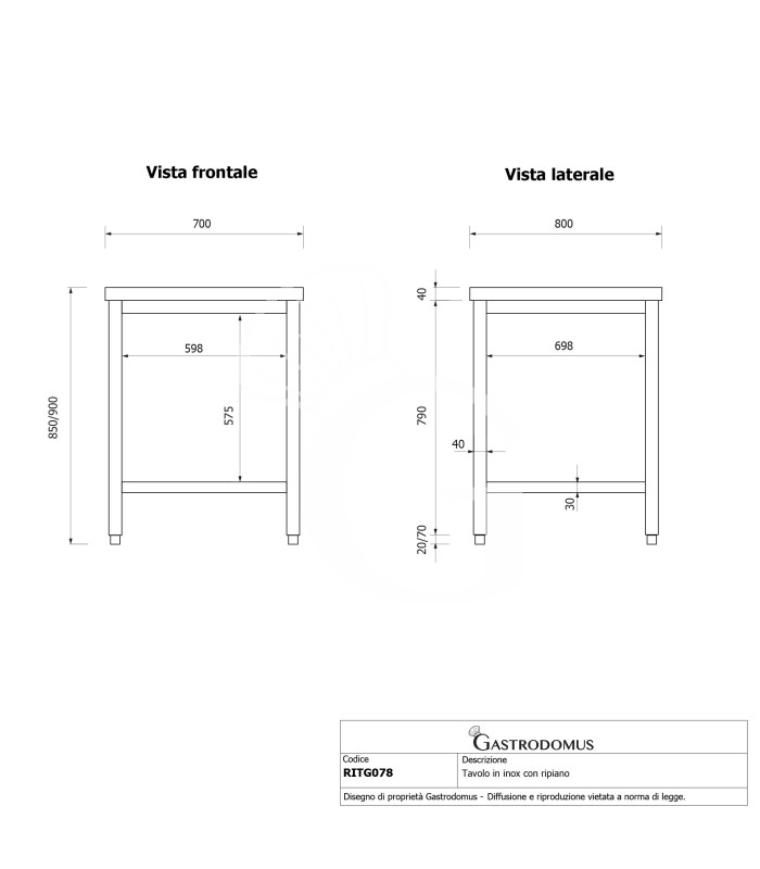 Tavolo inox 1 ripiano L 700 mm x P 800 mm x H 850 mm