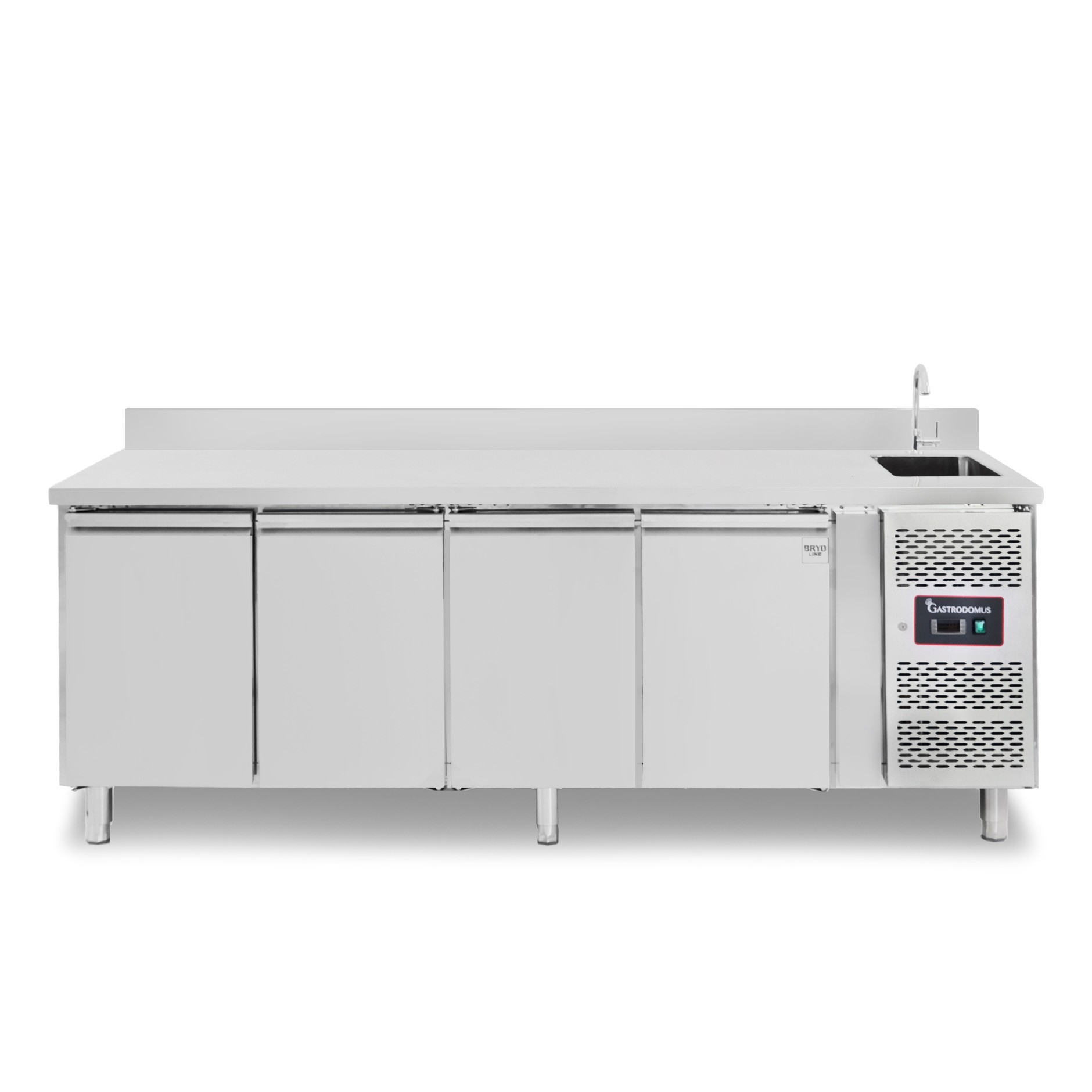 Tavolo refrigerato 4 porte con lavello e alzatina, motore a destra, Prof. 700 mm,temp +2°C/+8°C, completo di rubinetto