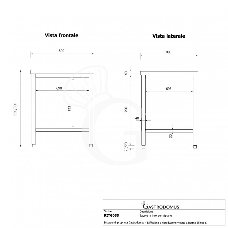 Tavolo inox 1 ripiano L 800 mm x P 800 mm x H 850 mm