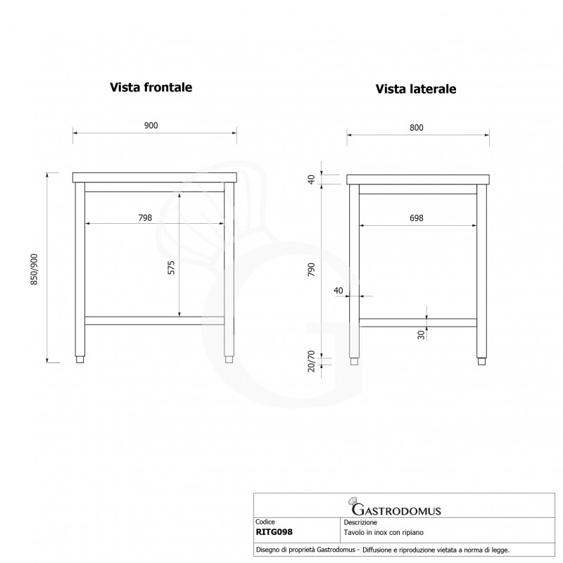 Tavolo inox 1 ripiano L 900 mm x P 800 mm x H 850 mm