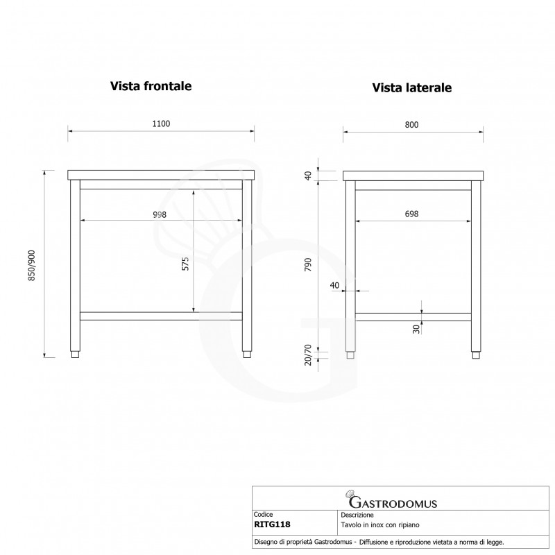 Tavolo inox 1 ripiano L 1100 mm x P 800 mm x H 850 mm