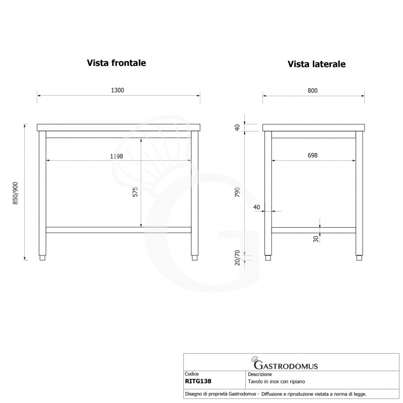 Tavolo inox 1 ripiano L 1300 mm x P 800 mm x H 850 mm