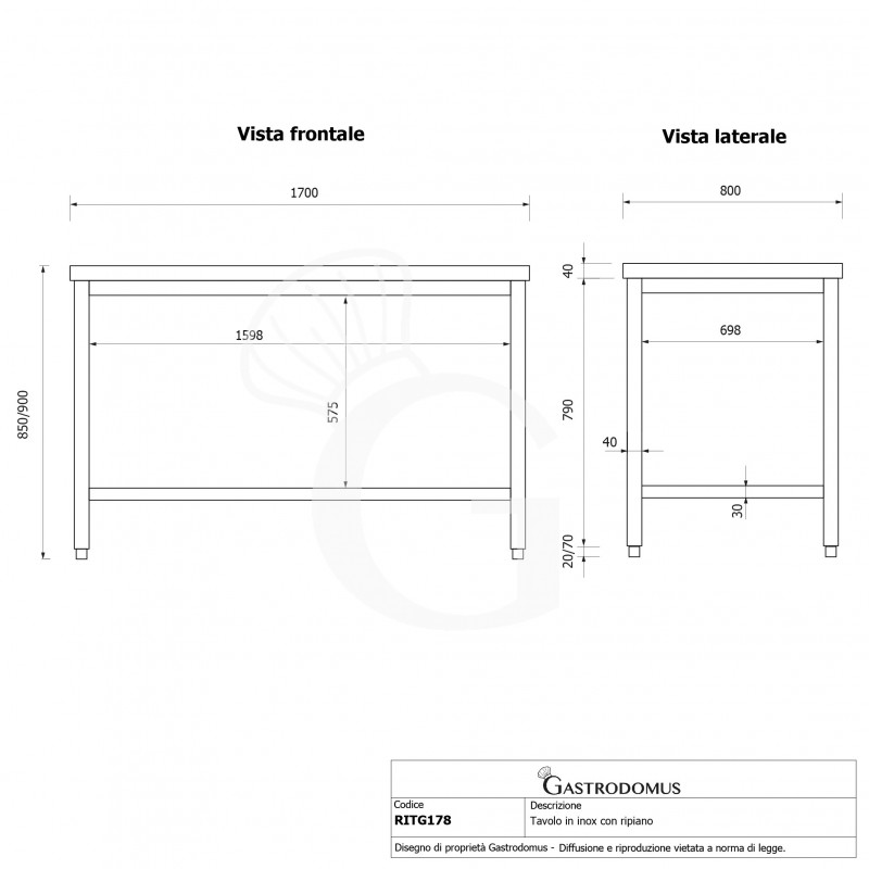 Tavolo inox 1 ripiano L 1700 mm x P 800 mm x H 850 mm