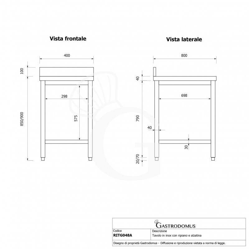 Tavolo inox 1 ripiano alzatina L 400 mm x P 800 mm x H 950 mm