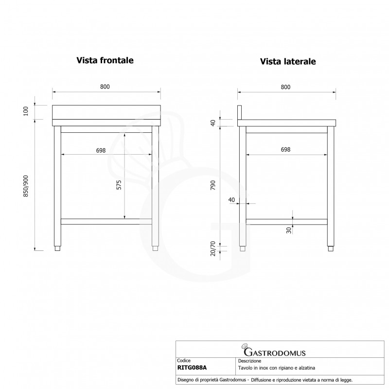 Tavolo inox 1 ripiano alzatina L 800 mm x P 800 mm x H 950 mm