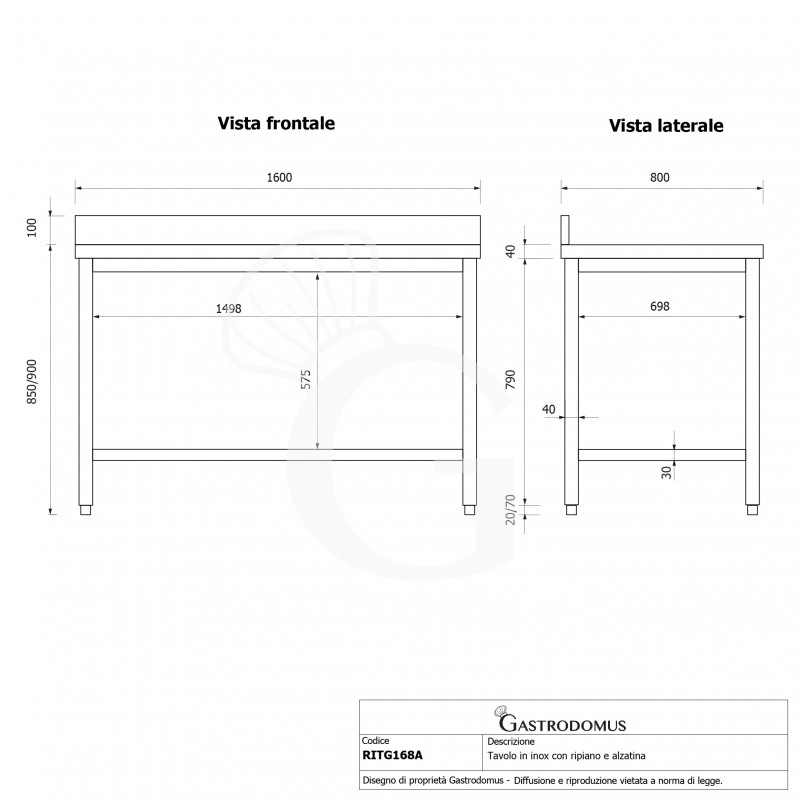 Tavolo inox 1 ripiano alzatina L 1600 mm x P 800 mm x H 950 mm