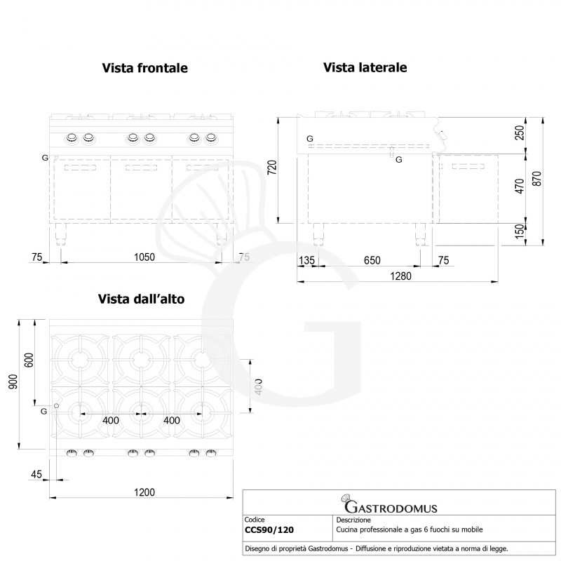 Cucina professionale a gas 6 fuochi armadio aperto profondità 900 mm