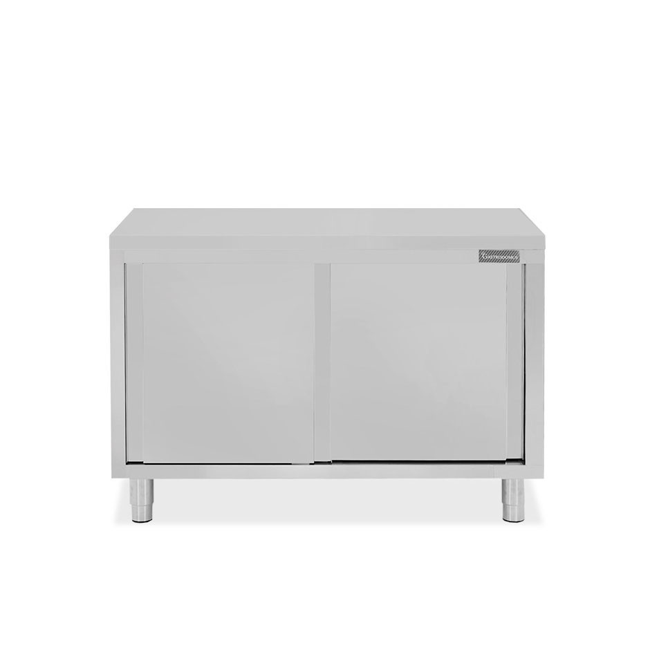 Tavolo armadiato in acciaio inox con 2 porte scorrevoli, L 1300 mm x P 700 mm x H 850 mm