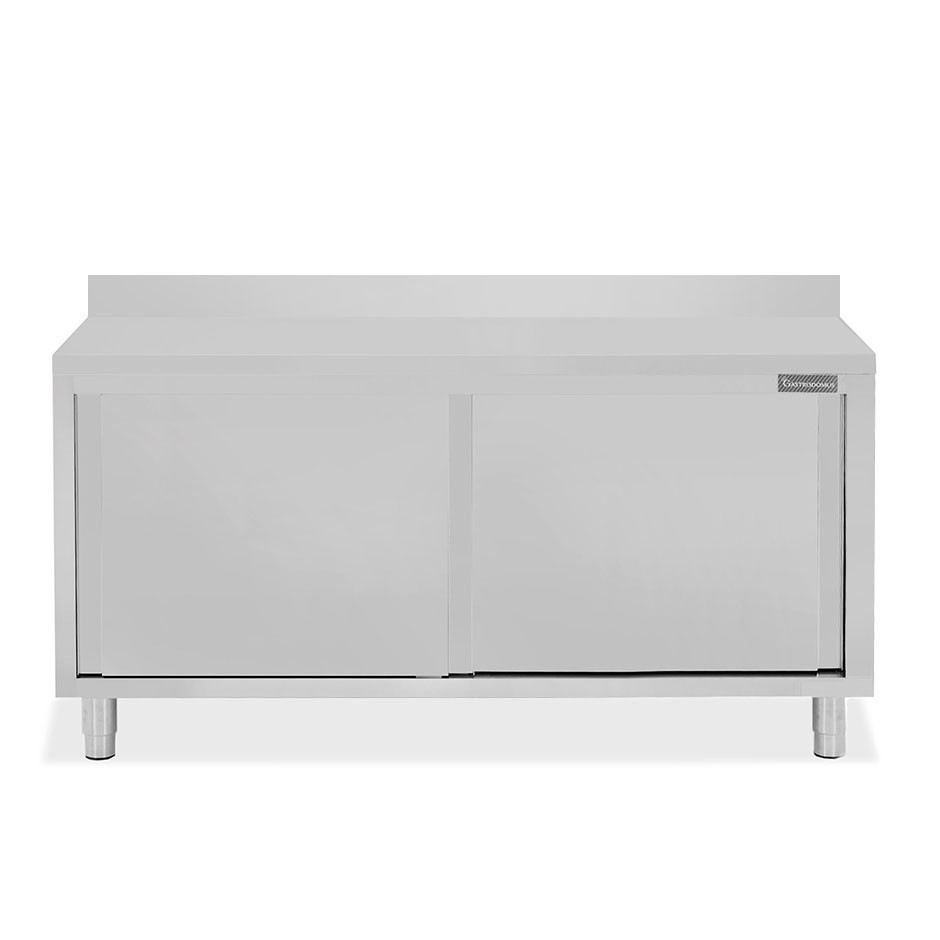 Tavolo armadiato in acciaio inox 2 porte scorrevoli, alzatina, L 2000 mm x P 600 mm x H 950 mm