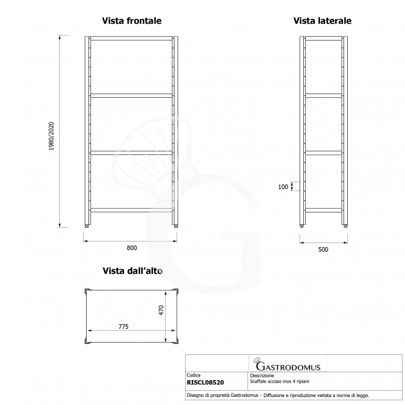 scaffale 4 ripiani h 2000 prof 500 lungh 800