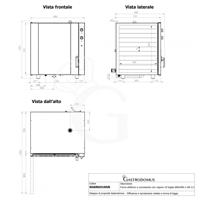 Forno elettrico a convezione, umidificatore, porta bandiera, comandi meccanici, trifase, 10 teglie 600x400 o GN1/1 mm