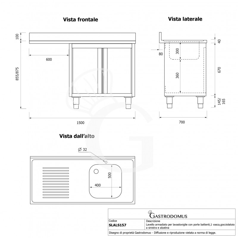 Lavello armadiato vano lavastoviglie,1 vasca,gocciolatoio sinistra,L1500xP700xH965mm - con foro rubinetto Ø 32 mm