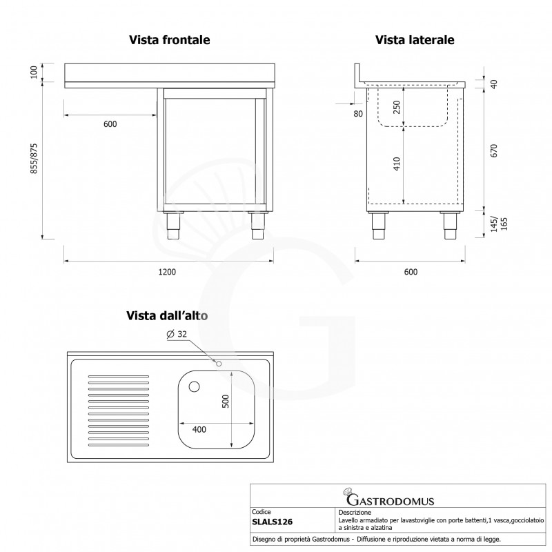 Lavello armadiato vano lavastoviglie,1 vasca,gocciolatoio sinistra,L1200xP600xH965mm - con foro rubinetto Ø 32 mm