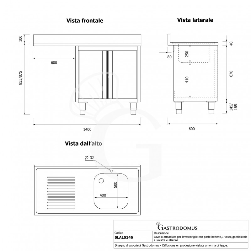 Lavello armadiato vano lavastoviglie,1 vasca,gocciolatoio sinistra,L1400xP600xH965mm - con foro rubinetto Ø 32 mm