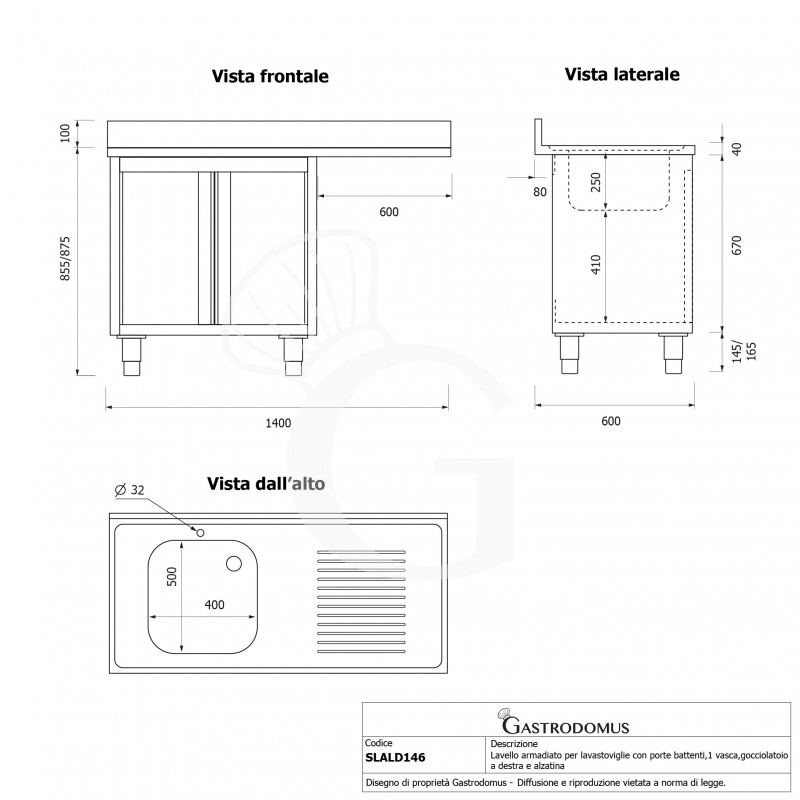 Lavello armadiato vano lavastoviglie,1 vasca,gocciolatoio destra,L1400xP600xH965mm - con foro rubinetto Ø 32 mm