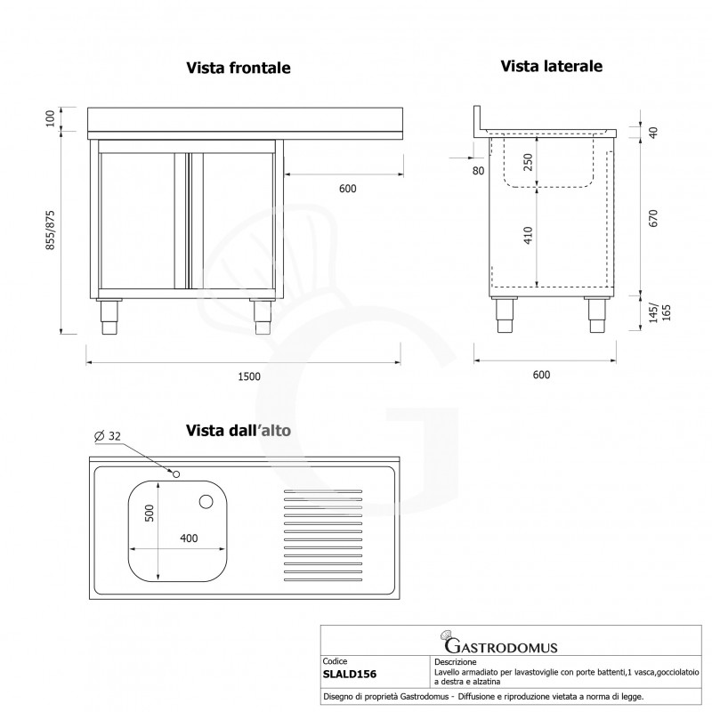 Lavello armadiato vano lavastoviglie,1 vasca,gocciolatoio destra,L1500xP600xH965mm - con foro rubinetto Ø 32 mm